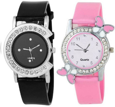 

Swadesi Stuff Diamond Studded Stylish Pink & Black Color watch combo of 2 Watch - For Women