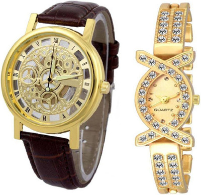 

Swadesi Stuff Exclusive Premium Quality Brown leather belt & Gold color Diamond Studded watch combo of 2 Watch - For Couple