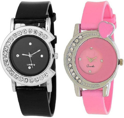 

Swadesi Stuff Amazing Diamond Studded Cute watch Black & Pink color stylish combo of 2 Watch - For Women