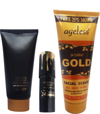 

FEMINA09 COSMETIC COMBO 24 HOUR CONCEALER WATR PROOF MAKEUP FOUNDATION GOLD SCRUB 212GM ( SET OF 3 )(Set of 1)
