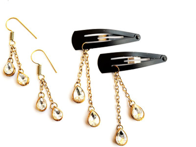 

Pretty Ponytails Ethnic Set of 2 Earrings with Hair Clips Kundan Pear Drop Boho Jewelry Teen Kids Wedding Jewelry Gold Hair Clip, Tic Tac Clip, Hair Accessory Set(Gold)