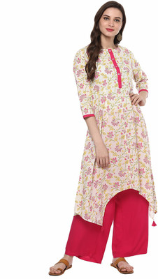 PANNKH Women Floral Print Flared Kurta(White)