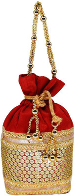 

Bagaholics Ethnic Silk Clutch Potli Batwa Pouch Bag with Embroidery and Metal Bead work Gift For Women Potli(Red)