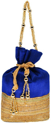 

Bagaholics Ethnic Silk Clutch Potli Batwa Pouch Bag with Embroidery and Metal Bead work Gift For Women Potli(Blue)