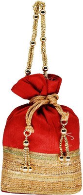 

Bagaholics Ethnic Silk Clutch Potli Batwa Pouch Bag with Embroidery and Metal Bead work Gift For Women Potli(Red)