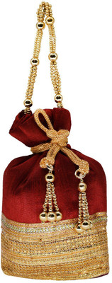

Bagaholics Ethnic Silk Clutch Potli Batwa Pouch Bag with Embroidery and Metal Bead work Gift For Women Potli(Maroon)