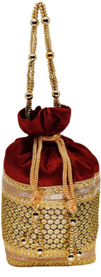 

Bagaholics Ethnic Silk Clutch Potli Batwa Pouch Bag with Embroidery and Metal Bead work Gift For Women Potli(Maroon)