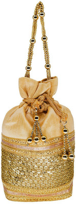 

Bagaholics Ethnic Silk Clutch Potli Batwa Pouch Bag with Embroidery and Metal Bead work Gift For Women Potli(Gold)