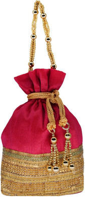 

Bagaholics Ethnic Silk Clutch Potli Batwa Pouch Bag with Embroidery and Metal Bead work Gift For Women Potli(Pink)