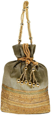 

Bagaholics Ethnic Silk Clutch Potli Batwa Pouch Bag with Embroidery and Metal Bead work Gift For Women Potli(Khaki)