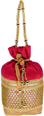 

Bagaholics Ethnic Silk Clutch Potli Batwa Pouch Bag with Embroidery and Metal Bead work Gift For Women Potli(Pink)