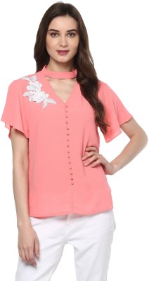 PANNKH Casual Short Sleeve Embellished Women Pink Top