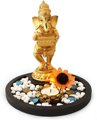 Shrih Golden Ganesha Playing Harmonium Idol With T-light Candle Set Polyresin 1 - Cup Tealight Holder Set(Gold, Pack of 1) available at flipkart for Rs.1899