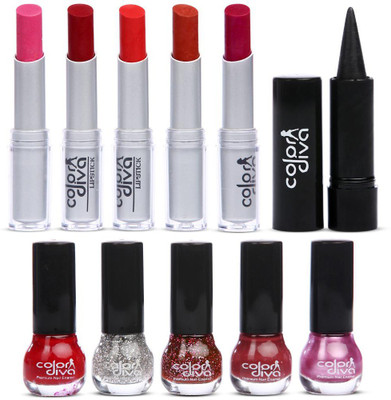

Color Diva Lipsticks , Nail Paints With Kajal Combo(Pack of 11)