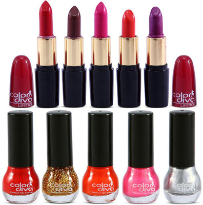 Color Diva Absolute Color Nail Paints & Lipsticks(Pack of 10)