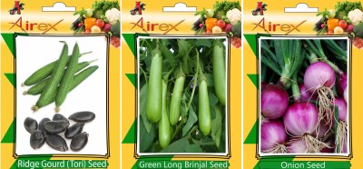 Airex Ridge Gourd, Green Long Brinjal and Onion Vegetables Seed (Pack Of 15 Seed Ridge Gourd + 15 Green Long Brinjal + 15 Onion Seed) Seed(15 per packet)