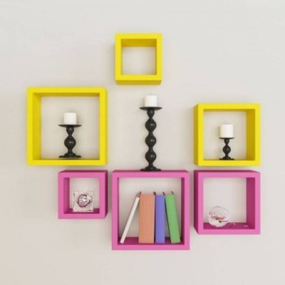 OnlineCraft wooden wall rack shelf Wooden Wall Shelf(Number of Shelves - 6, Pink, Yellow, Multicolor)