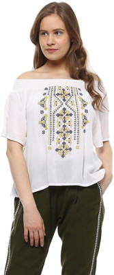 PEOPLE Casual Short Sleeve Embroidered Women White Top