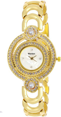 

Wanton k-1019 golden metal strap crystal studded case with white dialwatch for women Watch - For Girls