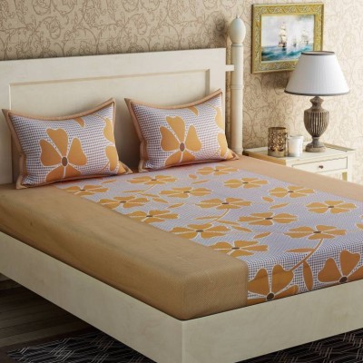manvicreations 180 TC Cotton Double Floral Flat Bedsheet(Pack of 1, Brown)