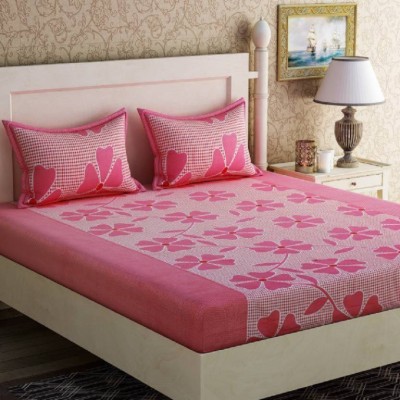 manvicreations 180 TC Cotton Double Floral Flat Bedsheet(Pack of 1, Pink)