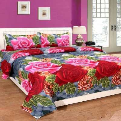 manvicreations 140 TC Polycotton Double Floral Flat Bedsheet(Pack of 1, Red)