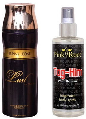 

Pink Root TAG HIM BODY SPRAY WITH SUNNY LEOAN LUST WOMEN DEO PACK OF 2(Set of 2)