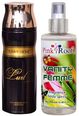 

Pink Root VANITY FEMME BODY SPRAY WITH SUNNY LEOAN LUST WOMEN DEO PACK OF 2(Set of 2)