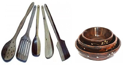 Desi Karigar Bowl Set Of 3, Spoon Set of 5 | 1 Frying, 1 Serving, 1 Spatula, 1 Chapati Spoon, 1 Desert Wooden Cutlery Set(Pack of 7) available at flipkart for Rs.499