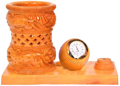 

sharma Enterprises 3 Compartments Wood Office desk organizer wooden & Metal Pen Stand (Wooden Jali Work Pen Holder Stand With Indian Flag & Watch(Multicolor)