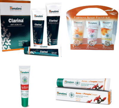

Himalaya Clarina Anti Acne Kit, Fairness Kesar Facial Kit, Lip Balm, Pimple Cream(Set of 4)