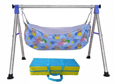 

SHIVAAYTEX round pipe NRI fully folding crib cradle (Blue) with hommock(Silver)