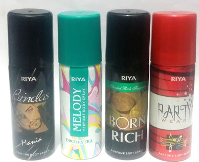 

Riya Melody , Bindas ,Party Wear and Born Rich Perfume Body Spray - For Men & Women(160 ml, Pack of 4)