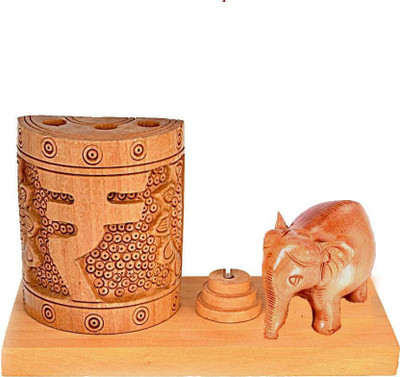 

sharma Enterprises 3 Compartments Wood Office desk organizer wooden & Metal Pen Stand (Wooden Indian Rupees symbol Pen Stand with Elephant and Indian Flag(Brown)