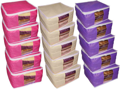

Funkroo High Quality Combo deal Large 10 inch bridal 5pc Pink saree cover 5pc purple sari cover and 5pc cream saree box gift organizer bag vanity pouch Capacity 10-15 Units Saree Each Keep saree/Suit/Travelling Pouch(Pink, Cream, Purple)