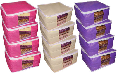 

Funkroo High Quality Combo deal Large 10 inch bridal 4pc Pink saree cover 4pc purple sari cover and 4pc cream saree box gift organizer bag vanity pouch Capacity 10-15 Units Saree Each Keep saree/Suit/Travelling Pouch(Pink, Cream, Purple)