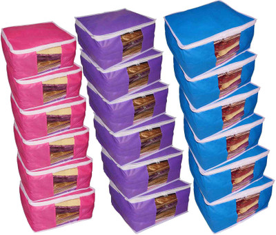 

Funkroo High Quality Combo deal Large 10 inch bridal 7pc Pink saree cover 7pc blue sari cover and 7pc purple saree box gift organizer bag vanity pouch Capacity 10-15 Units Saree Each Keep saree/Suit/Travelling Pouch(Pink, Blue, Purple)
