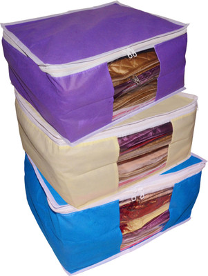 

Funkroo High Quality Combo deal Large 10 inch bridal 1pc cream saree cover 1pc blue sari cover and 1pc purple saree box gift organizer bag vanity pouch Capacity 10-15 Units Saree Each Keep saree/Suit/Travelling Pouch(Blue, Cream, Purple)
