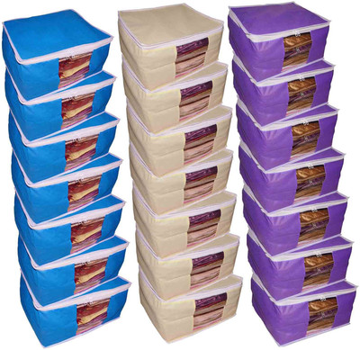 

Funkroo High Quality Combo deal Large 10 inch bridal 7pc cream saree cover 7pc blue sari cover and 7pc purple saree box gift organizer bag vanity pouch Capacity 10-15 Units Saree Each Keep saree/Suit/Travelling Pouch(Blue, Cream, Purple)