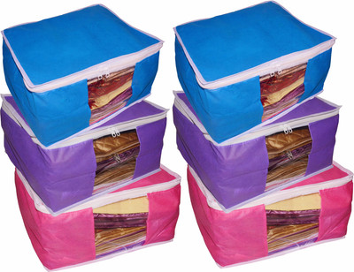 

Funkroo High Quality Combo deal Large 10 inch bridal 2pc Pink saree cover 2pc blue sari cover and 2pc purple saree box gift organizer bag vanity pouch Capacity 10-15 Units Saree Each Keep saree/Suit/Travelling Pouch(Pink, Blue, Purple)