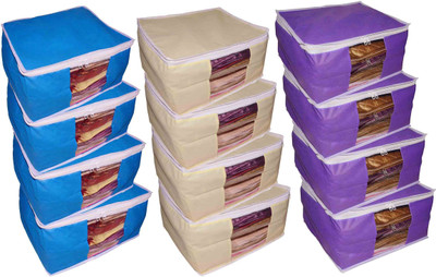 

Funkroo High Quality Combo deal Large 10 inch bridal 4pc cream saree cover 4pc blue sari cover and 4pc purple saree box gift organizer bag vanity pouch Capacity 10-15 Units Saree Each Keep saree/Suit/Travelling Pouch(Blue, Cream, Purple)