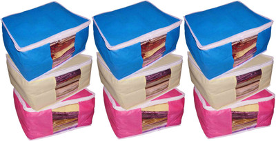 

Funkroo High Quality Combo deal Large 10 inch bridal 3pc Pink saree cover 3pc blue sari cover and 3pc cream saree box gift organizer bag vanity pouch Capacity 10-15 Units Saree Each Keep saree/Suit/Travelling Pouch(Pink, Cream, Blue)