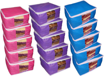 

Funkroo High Quality Combo deal Large 10 inch bridal 5pc Pink saree cover 5pc blue sari cover and 5pc purple saree box gift organizer bag vanity pouch Capacity 10-15 Units Saree Each Keep saree/Suit/Travelling Pouch(Pink, Blue, Purple)