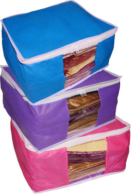 

Funkroo High Quality Combo deal Large 10 inch bridal 1pc Pink saree cover 1pc blue sari cover and 1pc purple saree box gift organizer bag vanity pouch Capacity 10-15 Units Saree Each Keep saree/Suit/Travelling Pouch(Pink, Blue, Purple)