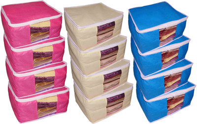 

Funkroo High Quality Combo deal Large 10 inch bridal 4pc Pink saree cover 4pc blue sari cover and 4pc cream saree box gift organizer bag vanity pouch Capacity 10-15 Units Saree Each Keep saree/Suit/Travelling Pouch(Pink, Cream, Blue)