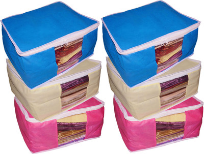 

Funkroo High Quality Combo deal Large 10 inch bridal 2pc Pink saree cover 2pc blue sari cover and 2pc cream saree box gift organizer bag vanity pouch Capacity 10-15 Units Saree Each Keep saree/Suit/Travelling Pouch(Pink, Cream, Blue)