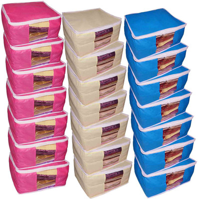 

Funkroo High Quality Combo deal Large 10 inch bridal 7pc Pink saree cover 7pc blue sari cover and 7pc cream saree box gift organizer bag vanity pouch Capacity 10-15 Units Saree Each Keep saree/Suit/Travelling Pouch(Pink, Cream, Blue)
