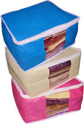

Funkroo High Quality Combo deal Large 10 inch bridal 1pc Pink saree cover 1pc blue sari cover and 1pc cream saree box gift organizer bag vanity pouch Capacity 10-15 Units Saree Each Keep saree/Suit/Travelling Pouch(Pink, Cream, Blue)