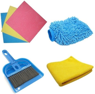 De-Ultimate Combo Of Mini Dustpan and Broom Set, Sponge Wipes Cellulose Kitchen Floor Surface Cleaning Pad, Multi Purpose Microfiber Home Office Car Bike Vehicle Washing Cleaning Hand Glove And Multi-purpose Super Clean Polish Towel Wet and Dry Microfiber Cleaning Cloth Dustpan, Scrub Pad, Cleaning 