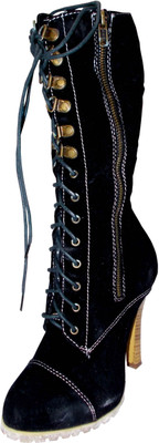 

kotak sales Stylish Women Ladies Boots Calf Length Lace Up & Zip Block High Heel Velvet Black Stretch Female Shoes High Thigh Long Girl Boots Size 38 Boots For Women(Black